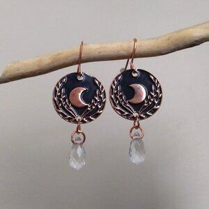 Black and Copper Toned Moon and Leaf Dangle Earrings